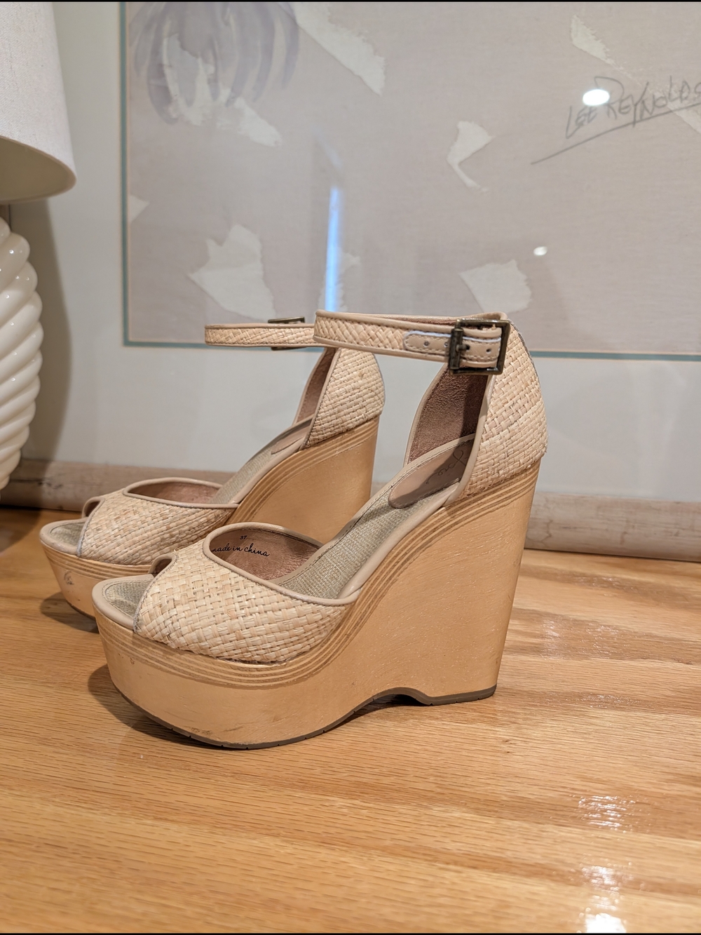 Joie Natural Tan Woven Ankle-Strap Wedge Sandals